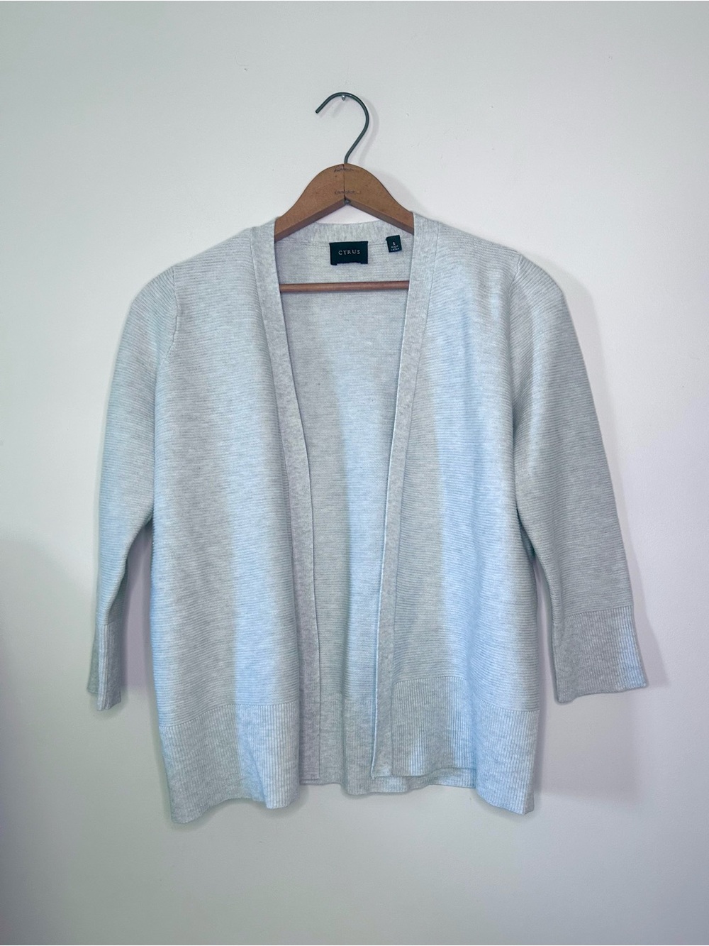 CYRUS Light Gray Ribbed Open Front Cardigan Sweater S Rayon Nylon Blend